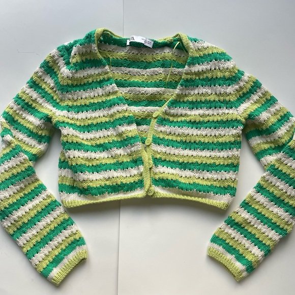 ZARA Knit Cardigan Green Yellow Stripe - Picture 7 of 7